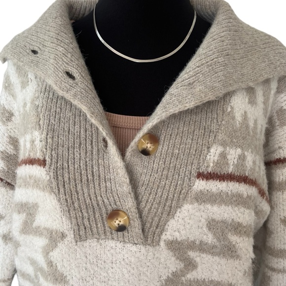 Knox Rose Aztec fair isle button pullover sweater taupe white black S - Picture 7 of 11